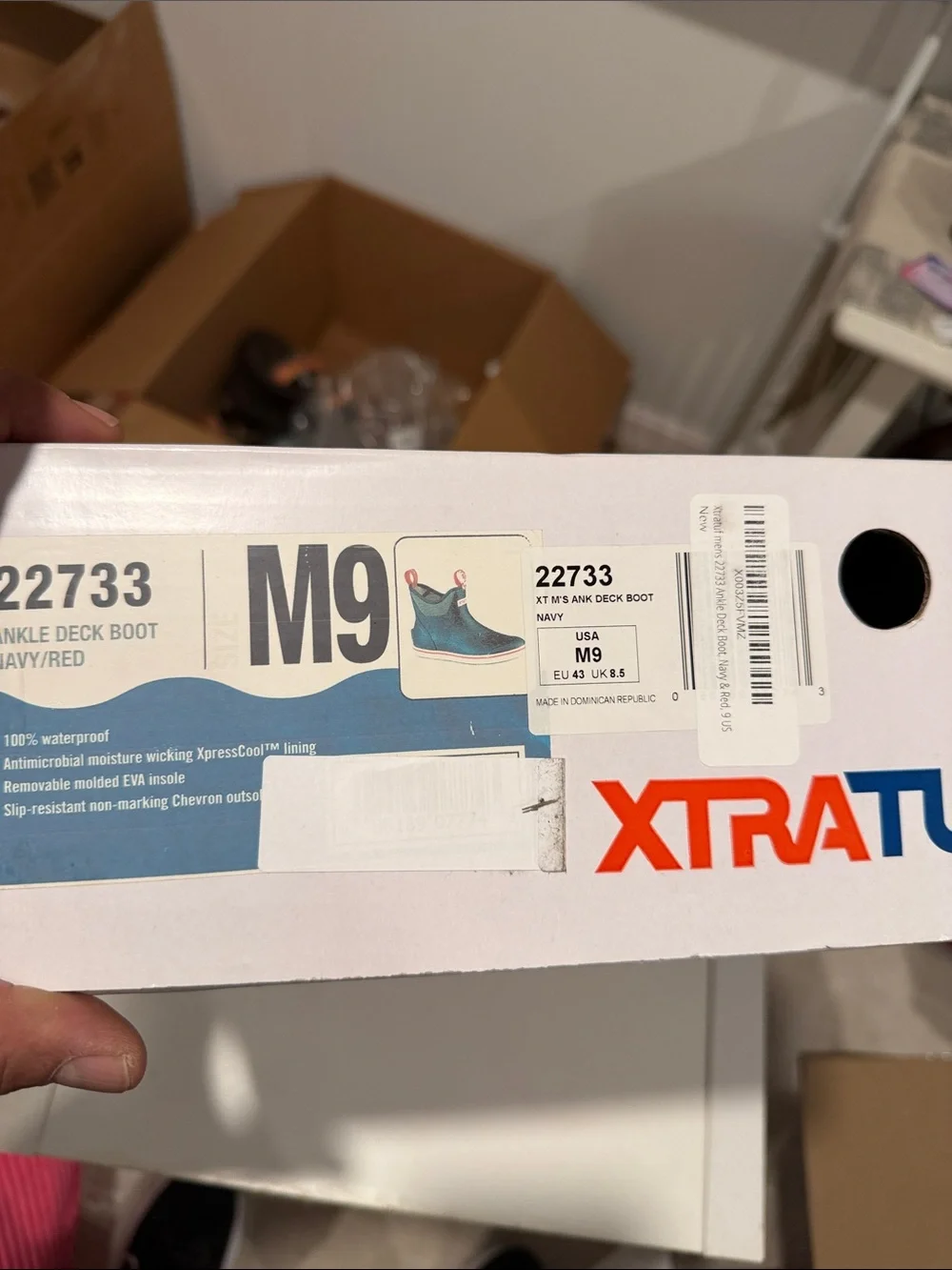 XTRATUF Navy Ankle Rain Boots with Red Pull Tabs